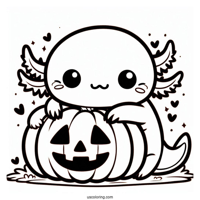 Kawaii Axolotl Coloring Page Hugging A Jack O Lantern