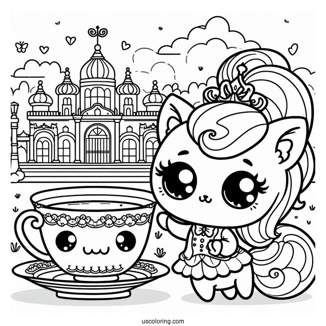 Palace Pets Coloring Page Of Kawaii Teacup In Front Of Palace For Kids