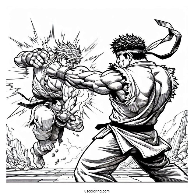 Street Fighter Coloring Page Of Ken Masters Knocking Out Ryu In Battle