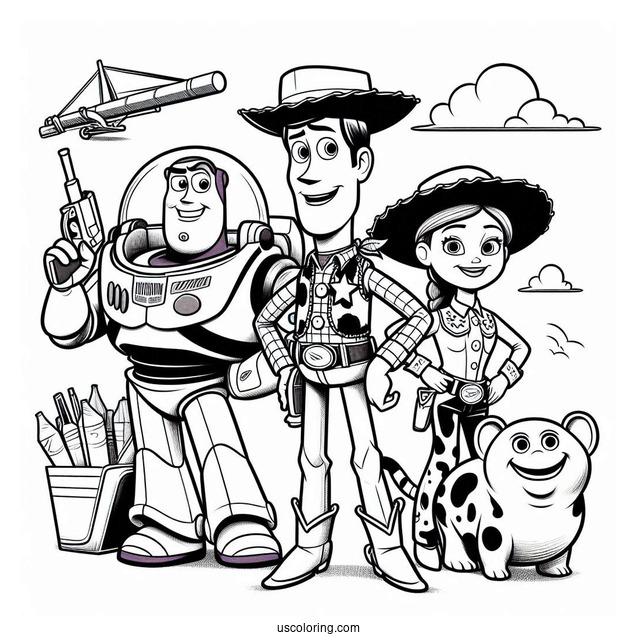 Pixar Coloring Page of Toy Story Woody, Buzz, And Jessie With Friends