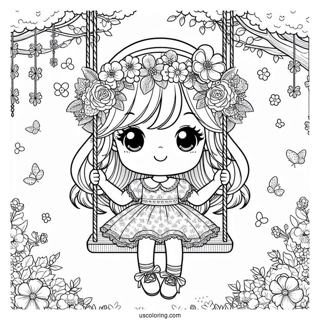 Kawaii Girl On Floral Swing In Spring Coloring Page Coloring Page For Kids