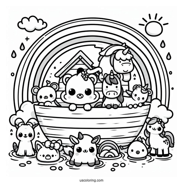 Kawaii Animals On Noah's Ark Coloring Page With Rainbow