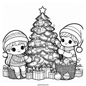 Children Decorating a Christmas Tree To Color