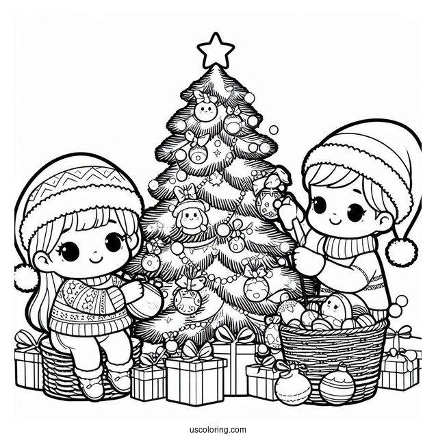 Children Decorating a Christmas Tree To Color