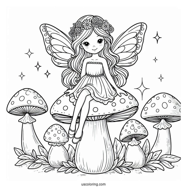 Pretty Fairy Sitting On A Mushroom Coloring Page