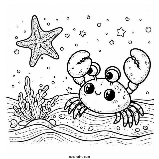 Cartoon Crab Approaching Starfish Coloring Page At Sea