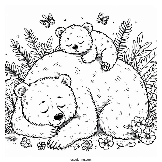 Bear Coloring Page Of Cub Sleeping On Mama Bear s Back While She s Walking