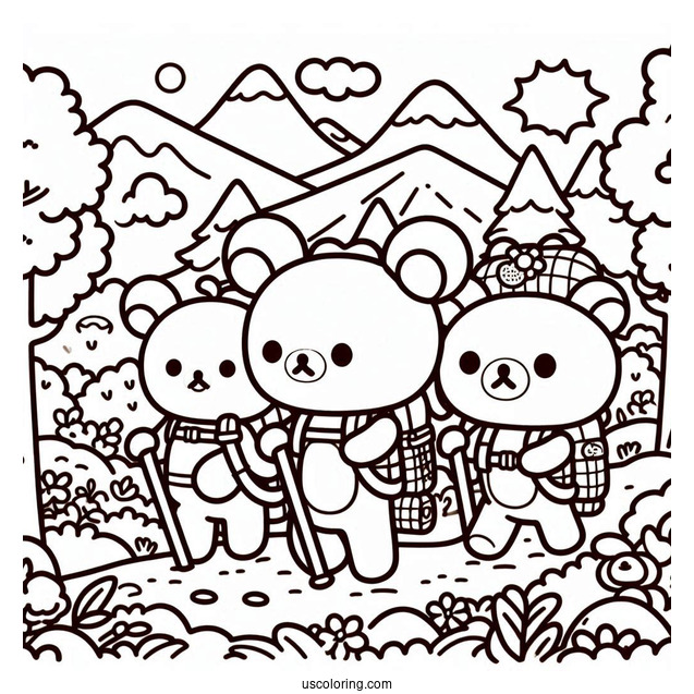 Rilakkuma Coloring Page Hiking With Kiiroitoiri, Korilakkuma, And Chairoikoguma