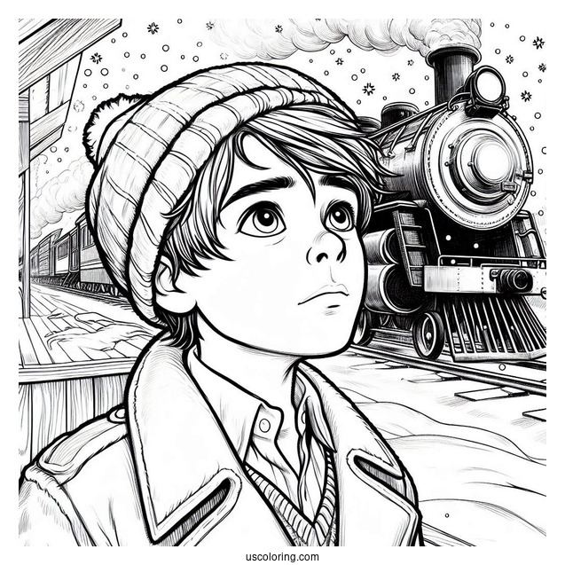 Hero Boy Staring Up At The Polar Express Coloring Page