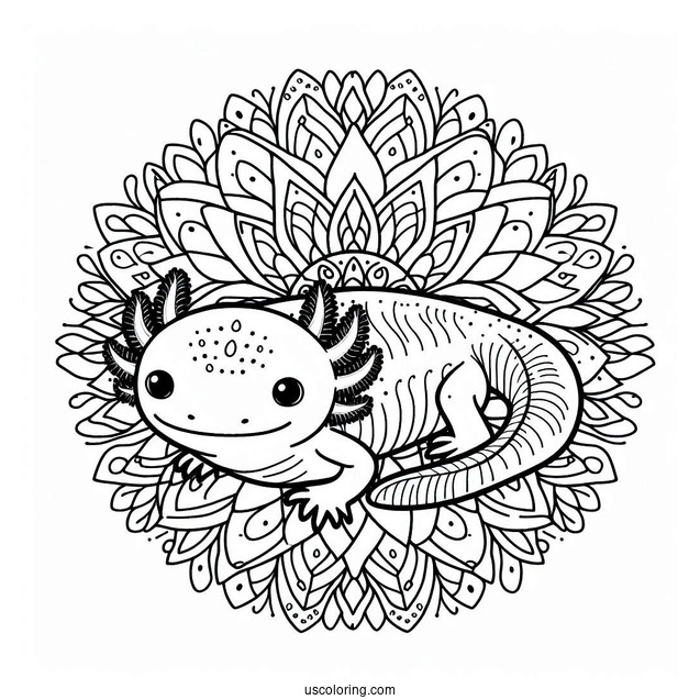 Axolotl Coloring Page At The Center Of A Flower Mandala
