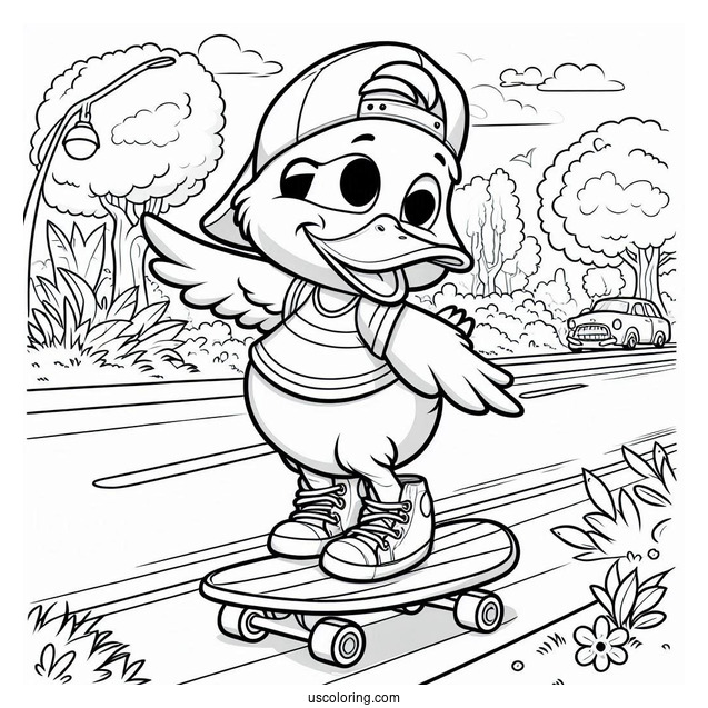 Duck Skateboarding Down the Street Coloring Page For Kids