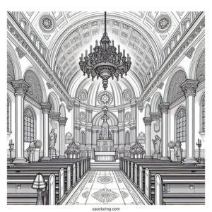 Detailed Interior Of A Catholic Church Coloring Page