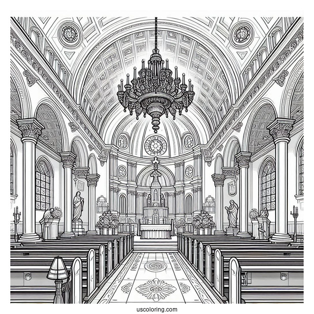 Detailed Interior Of A Catholic Church Coloring Page