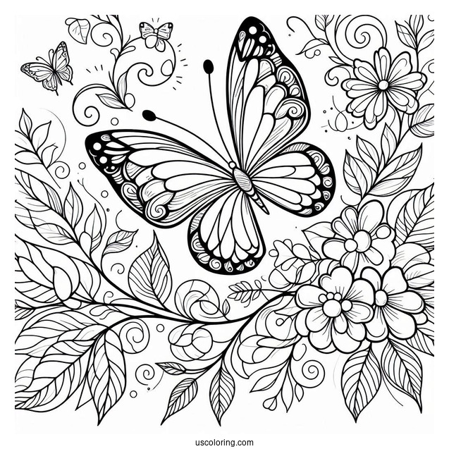 Beautiful Butterfly Coloring Page On A Vine Of Flowers