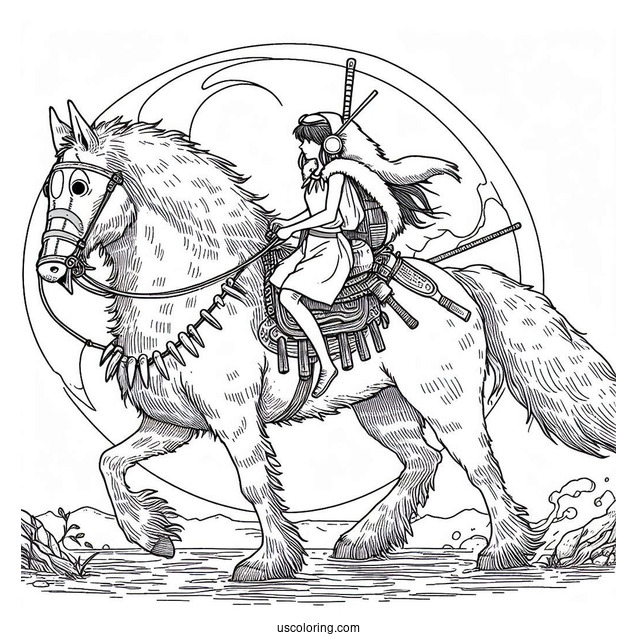 Studio Ghibli Coloring Page of Princess Mononoke San Riding Moro