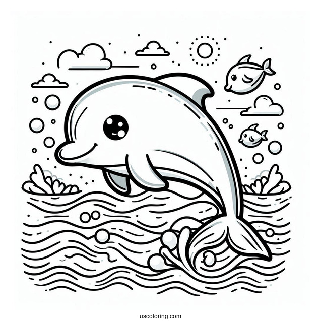 Cartoon Dolphin Swimming In Ocean To Color