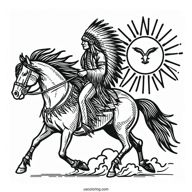Native American Coloring Page Chief Riding Horse With Sun In The Background