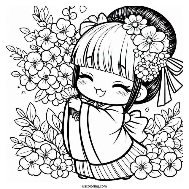 Easy Nezuko Coloring Page With Flowers For Preschoolers