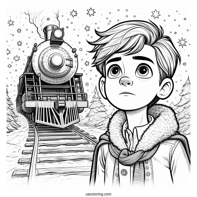Hero Boy Staring Up At The Polar Express Coloring Page