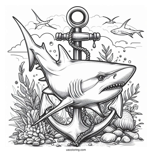 Realistic Hammerhead Shark Coloring Page With Anchor