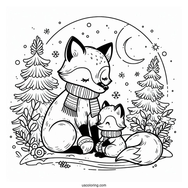 Mama Fox Coloring Page Reading To Baby Fox In Winter Christmas