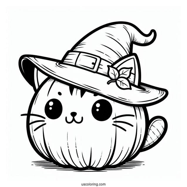 Cat Pumpkin Coloring Page Wearing A Witch Hat