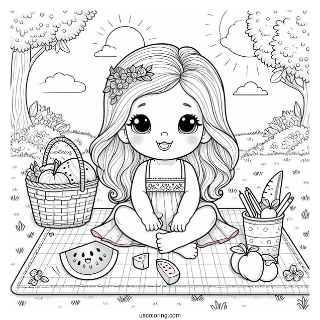 Pretty Baby Coloring Page Sitting On A Picnic Mat With A Watermelon For Kids