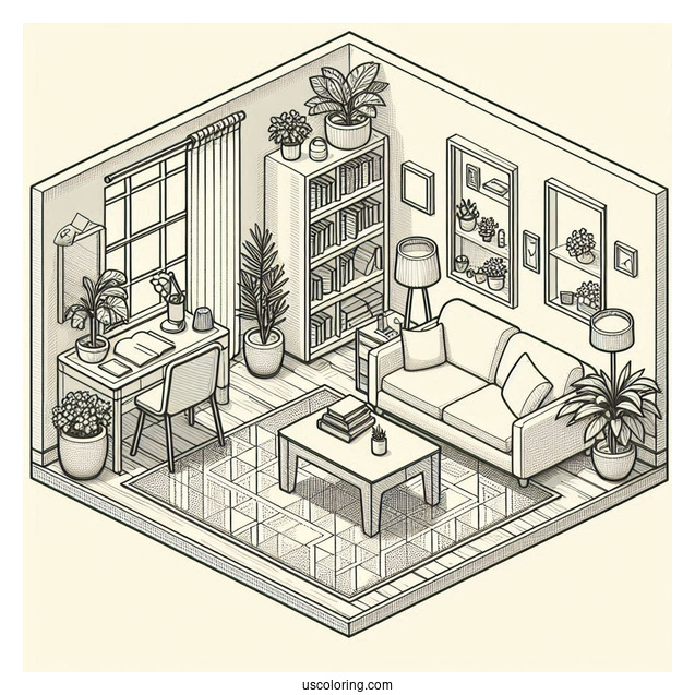 Isometric Bedroom Coloring Page With Bookshelves, Coffee Table, And Plants
