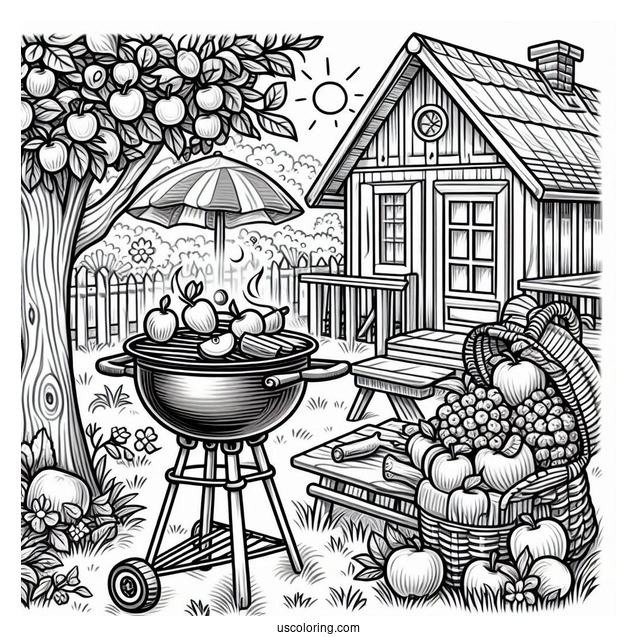 Summer Coloring Page Of Grill In The Backyard With Apples On The Grass