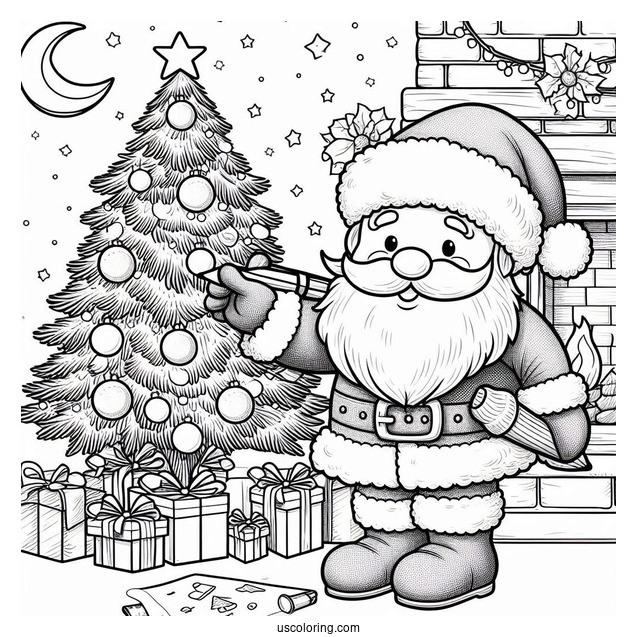 Santa Claus With Christmas Tree Coloring Page