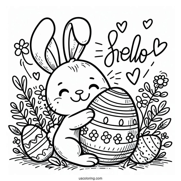 Easter Bunny Coloring Page Hugging Egg And Saying Greeting