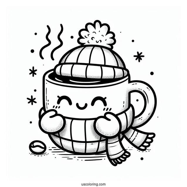 Cartoon Coffee Coloring Pages Of Cup Wearing Scarf And Ear Muffs