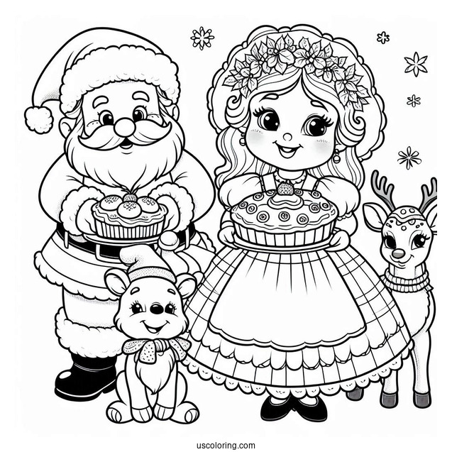 Mrs Claus With Baked Cookes And Rudolph To Color