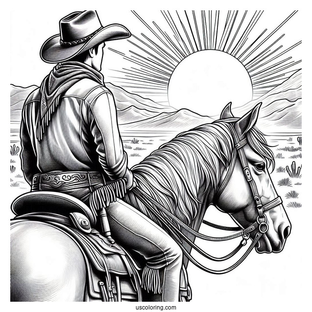 Realistic Cowboy Coloring Page Riding A Horse With The Sun Behind Them