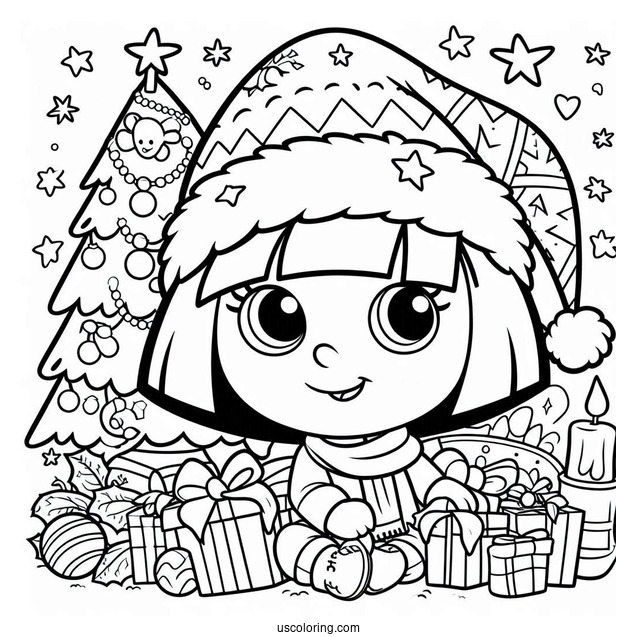 Christmas Themed Dora Coloring Page