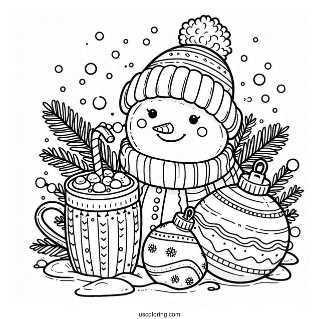 Snowman Holding Hot Chocolate In The Snow Bauble Christmas Ornaments Coloring Page
