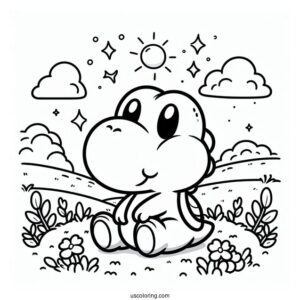 Kawaii Yoshi Sitting In Field Coloring For Kids