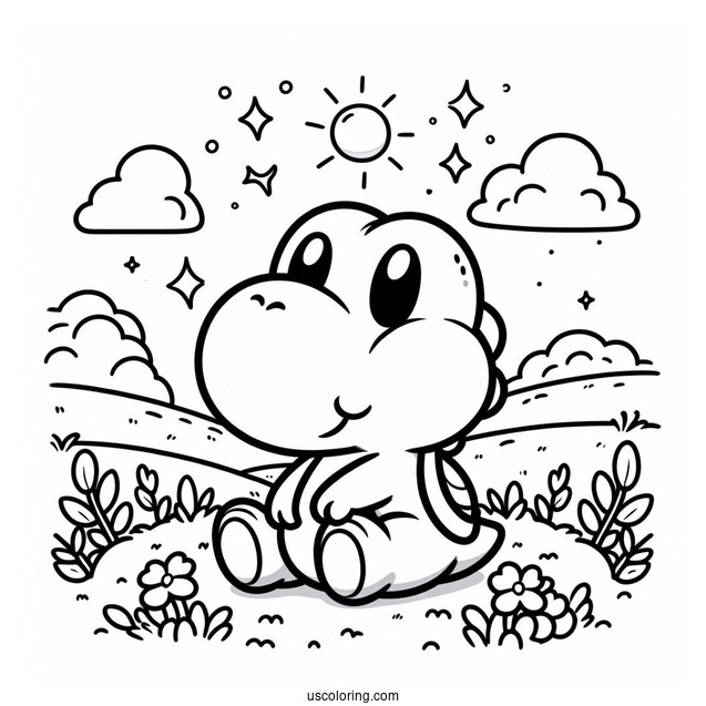 Kawaii Yoshi Sitting In Field Coloring For Kids