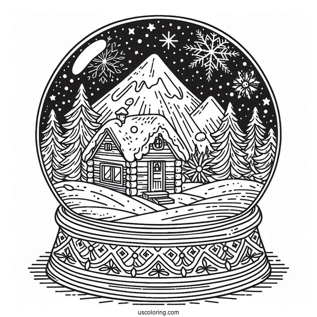 Snow Globe With Cottage In Winter Christmas Mandala Coloring Page