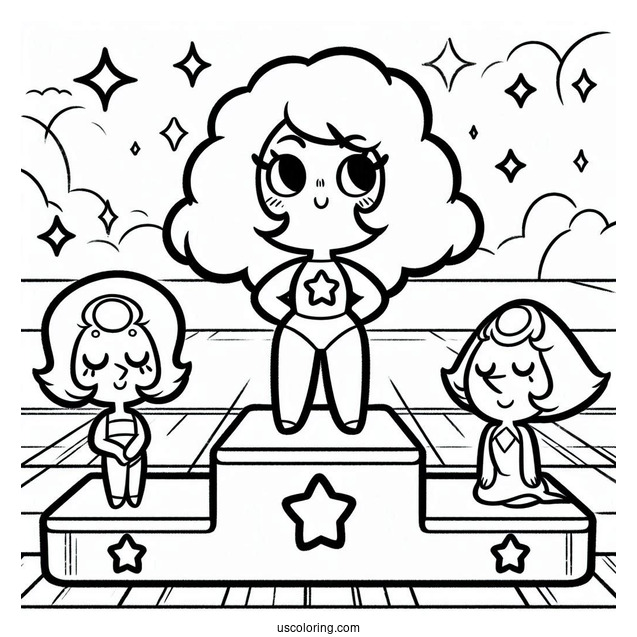 Cute Steven Universe Coloring Page On Podium With Garnet, Pearl, And Amethyst For Kids
