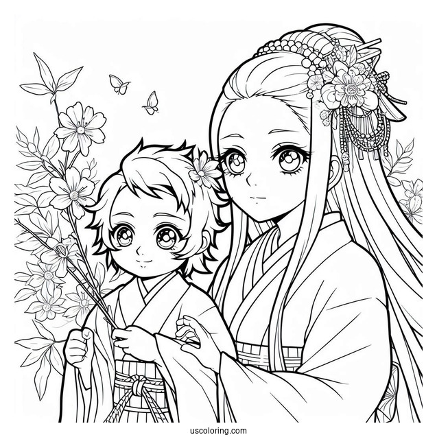 Tanjiro Coloring Page With Nezuko Attending Festival