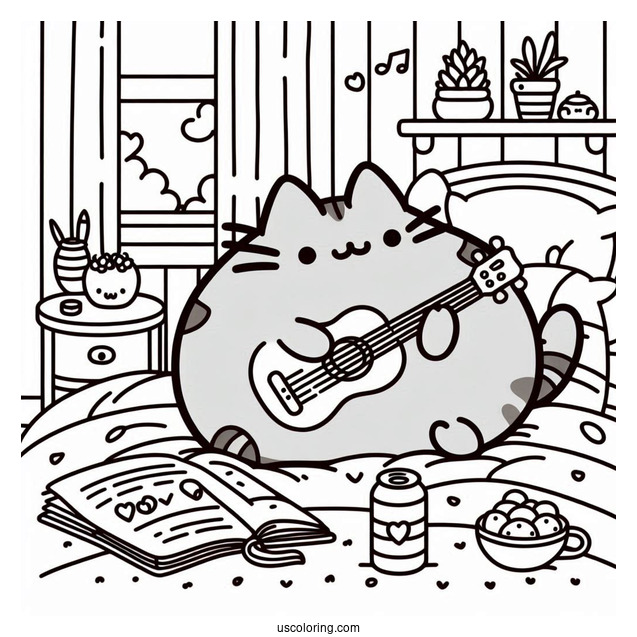 Pusheen Eating And Listening To Music In Bedroom