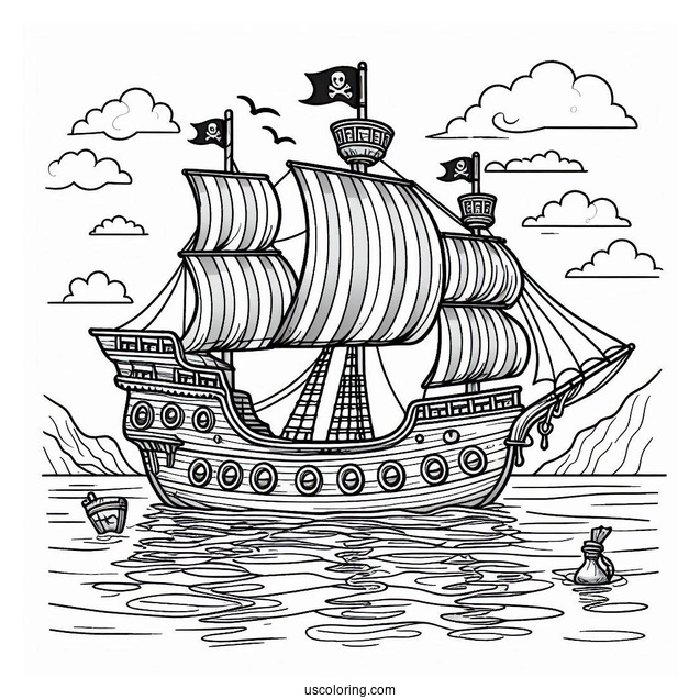Pirate Ship Coloring Page On A Calm Sea For Kids