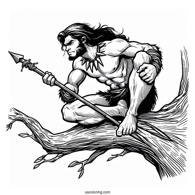 Tarzan Coloring Page Holding Spear While Crouched On Tree Branch