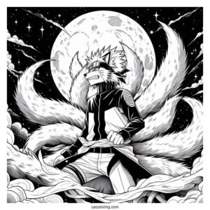 Naruto Coloring Page Of Fierce Nine Tails Under Full Moon
