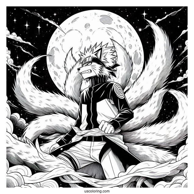 Naruto Coloring Page Of Fierce Nine Tails Under Full Moon