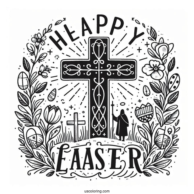 Happy Easter Words With Cross Coloring Page For Kids