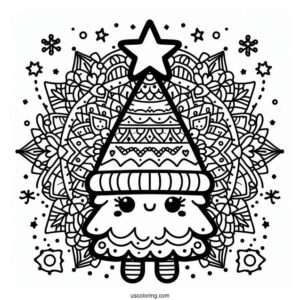 Christmas Mandala Coloring Page Of Kawaii Christmas Tree With Large Star Mandala For Kids