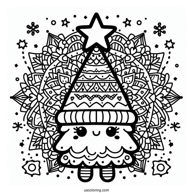 Christmas Mandala Coloring Page Of Kawaii Christmas Tree With Large Star Mandala For Kids