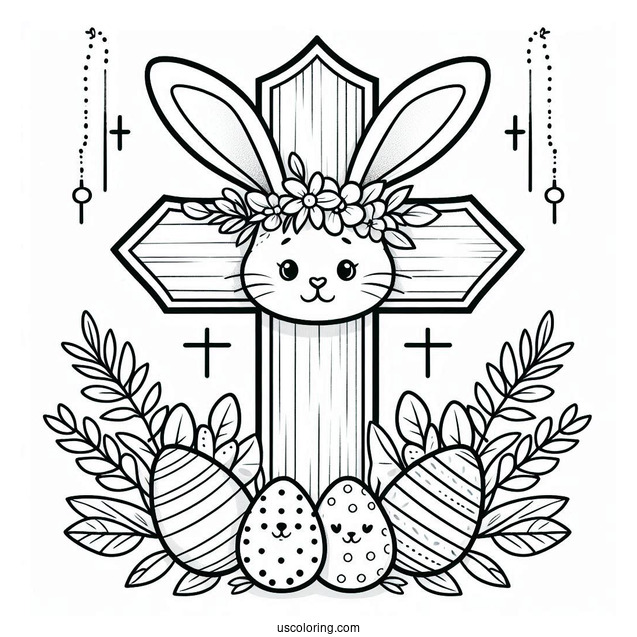 Easter Cross Coloring Page With Bunny Ears And Eggs For Preschoolers